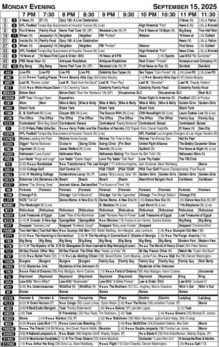 Monday September 15, 2025 TV lisiting